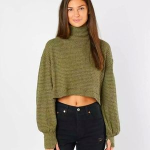 Free People Turtleneck Crop Sweater Long Sleeve Waffle Knit Fabric